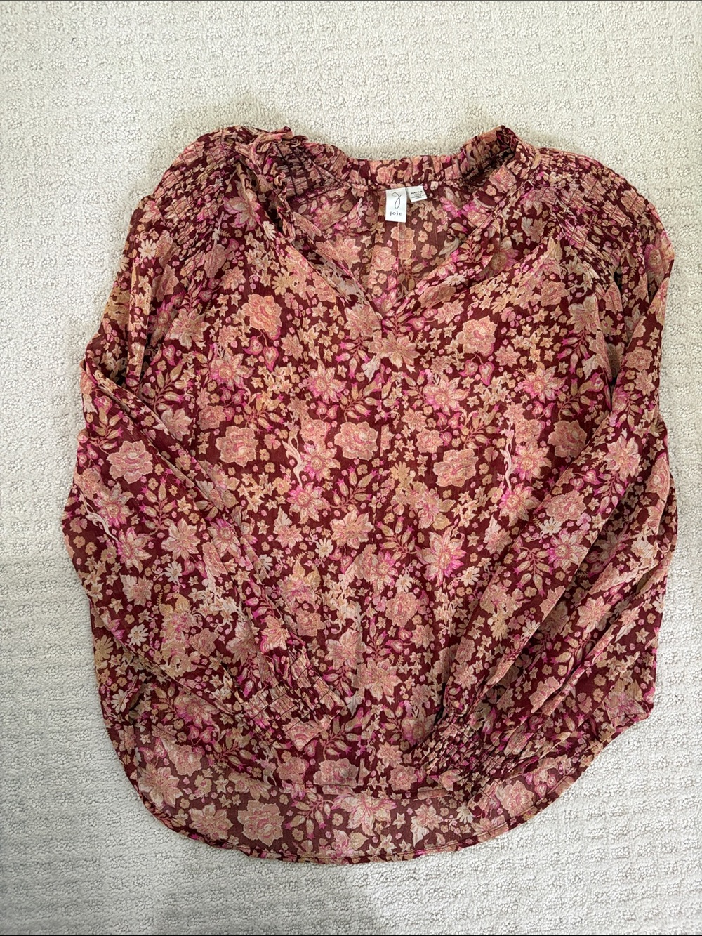 Joie Burgundy and Pink Floral V-Neck Long-Sleeve Blouse